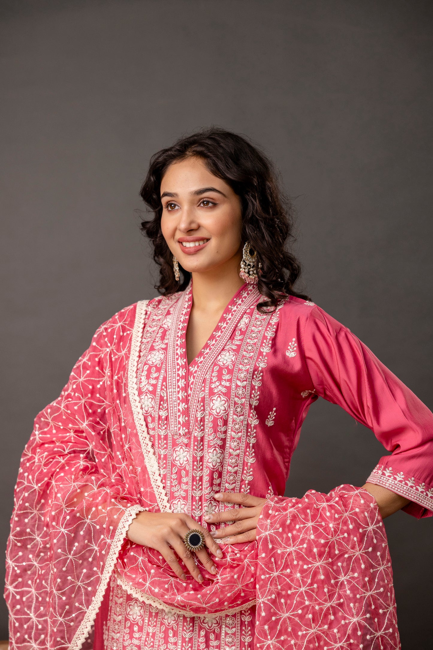 Resham & Sequined Embellished Kurti with Plain Trouser & Dupatta