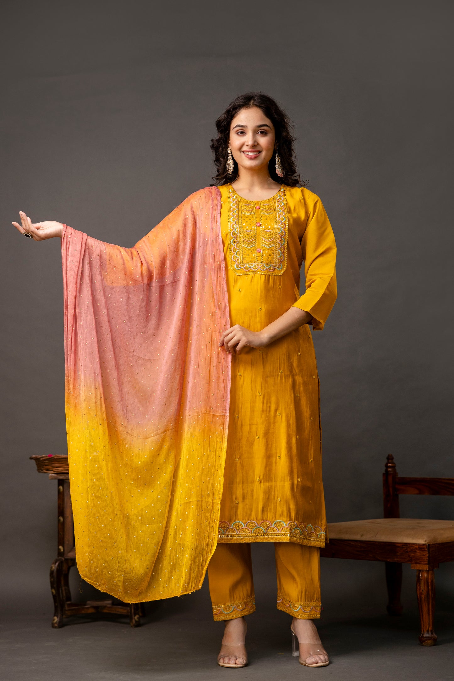 Resham & Sequined Work Kurti with Double-Shaded Chiffon Dupatta & Plain Trouser