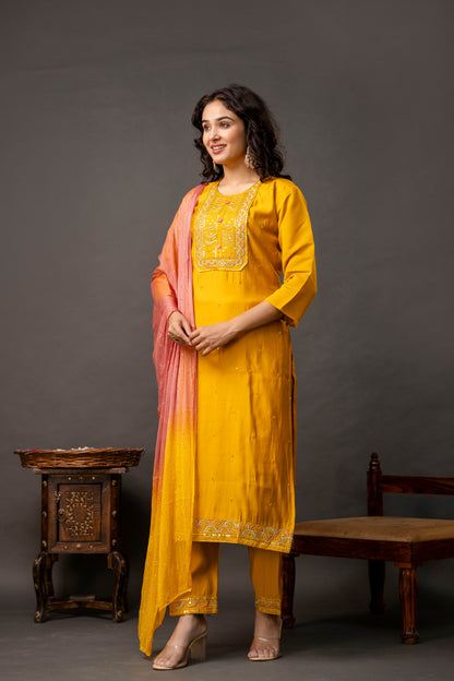 Resham & Sequined Work Kurti with Double-Shaded Chiffon Dupatta & Plain Trouser