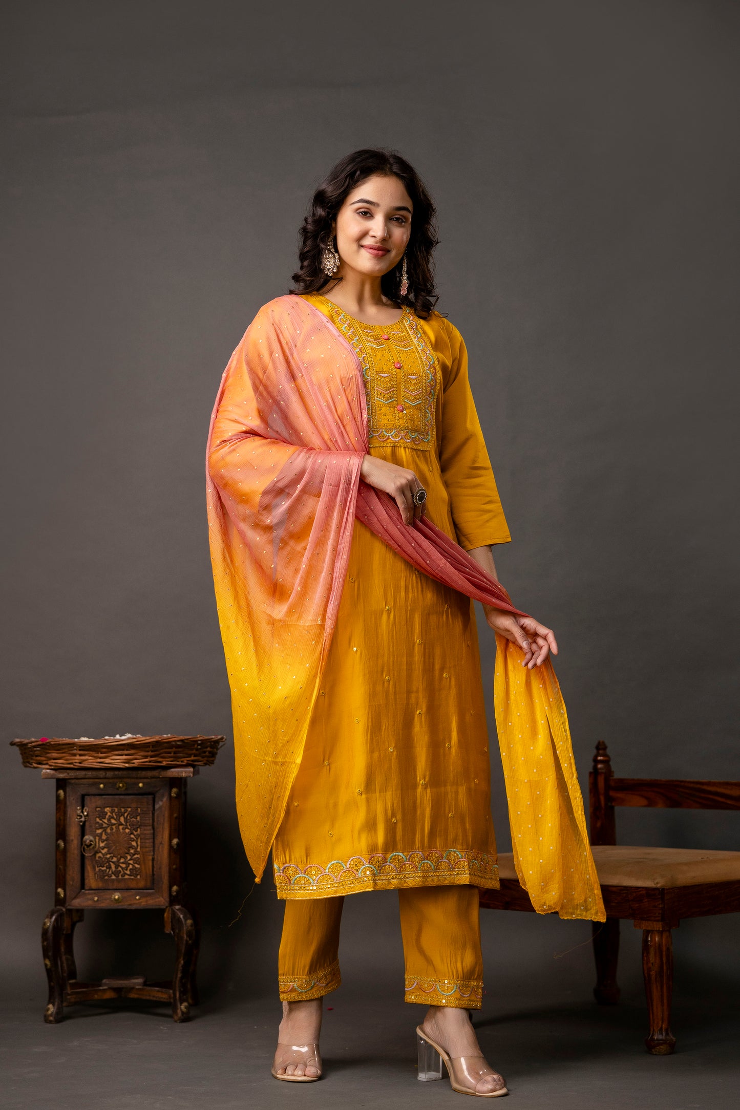 Resham & Sequined Work Kurti with Double-Shaded Chiffon Dupatta & Plain Trouser