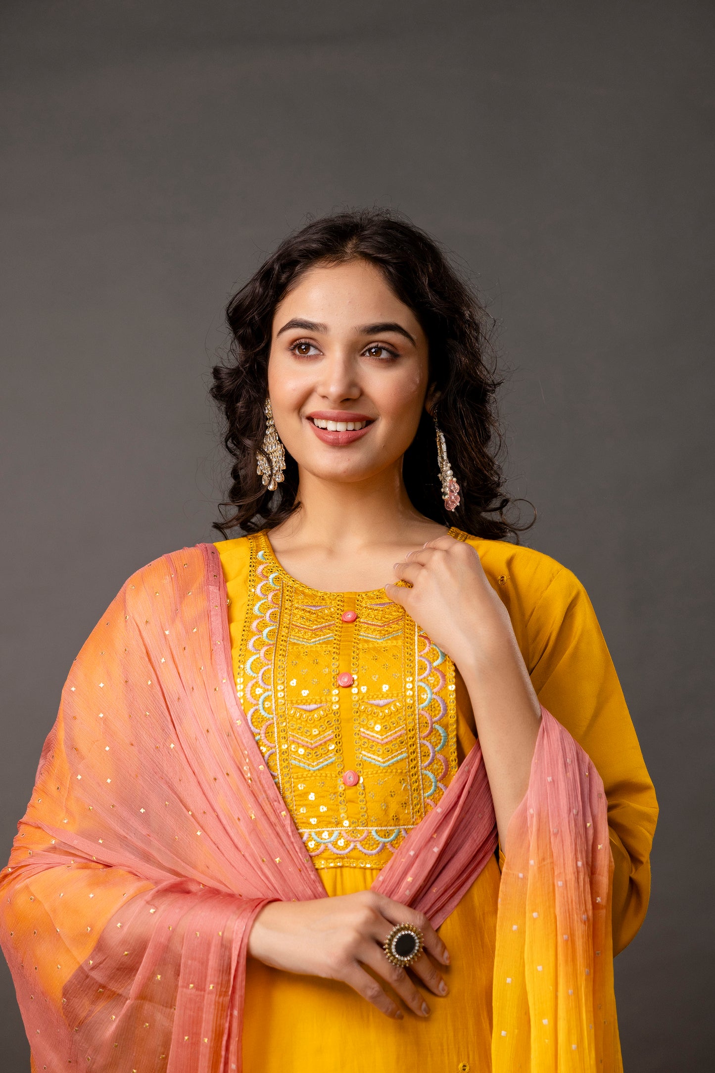 Resham & Sequined Work Kurti with Double-Shaded Chiffon Dupatta & Plain Trouser