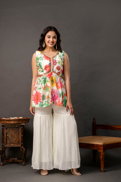 Printed Peplum Kurti with Plain Sharara & Georgette Dupatta