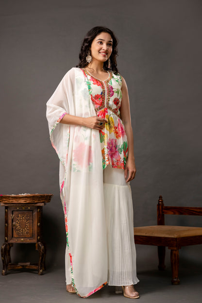 Printed Peplum Kurti with Plain Sharara & Georgette Dupatta