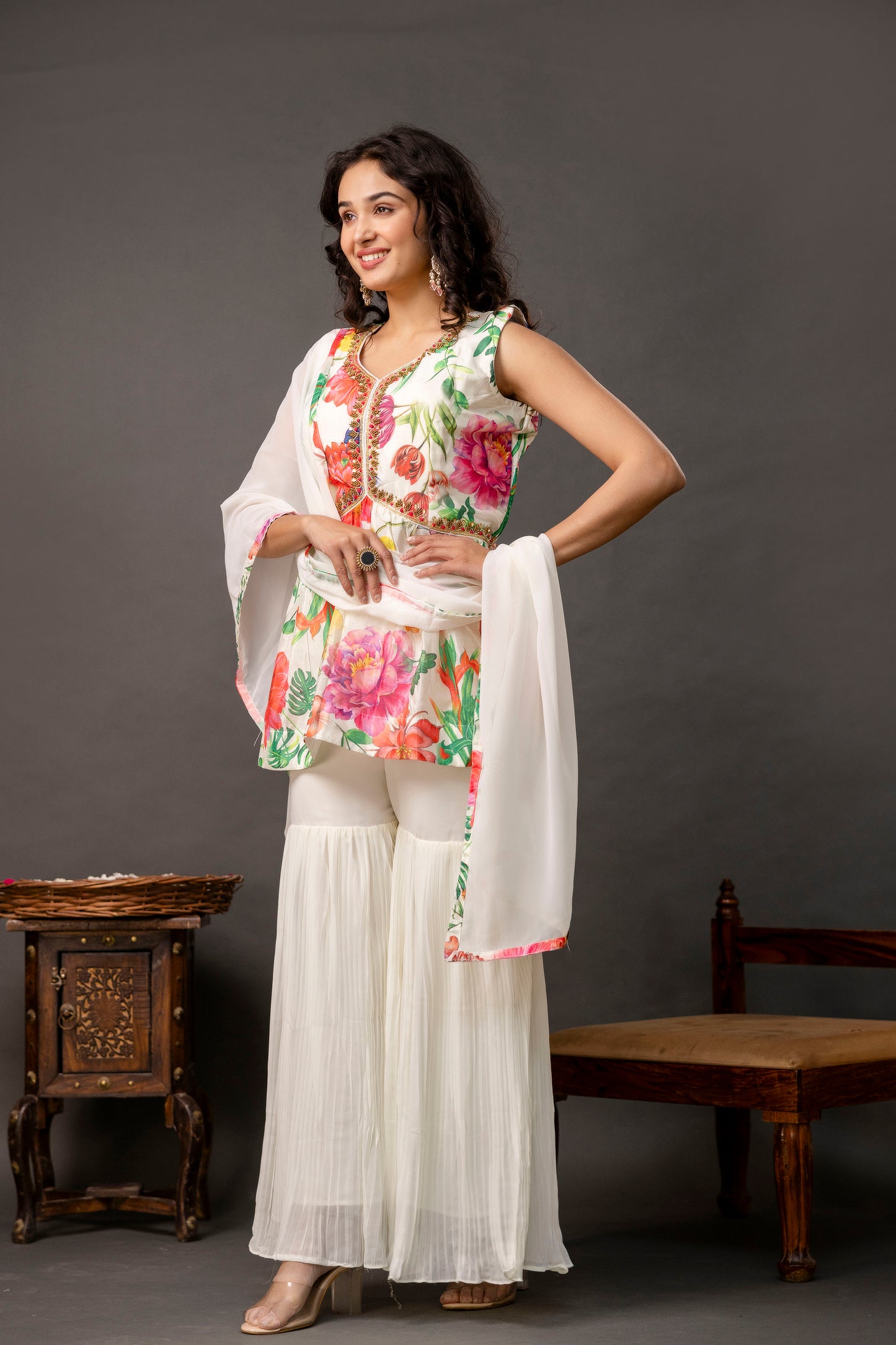 Printed Peplum Kurti with Plain Sharara & Georgette Dupatta