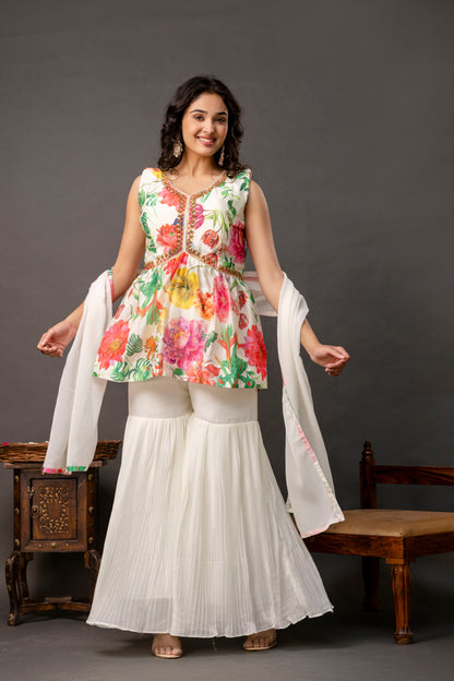 Printed Peplum Kurti with Plain Sharara & Georgette Dupatta