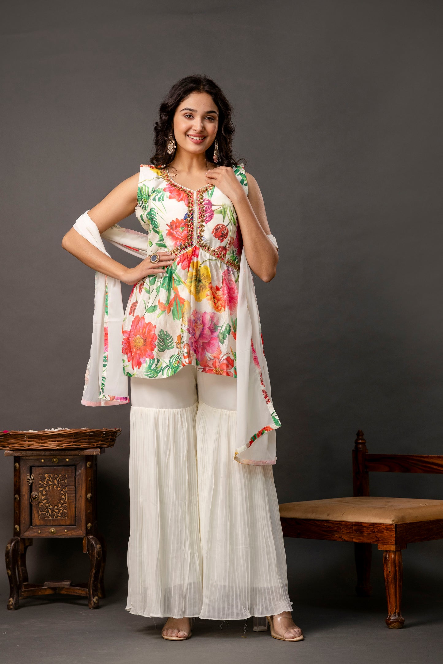 Printed Peplum Kurti with Plain Sharara & Georgette Dupatta