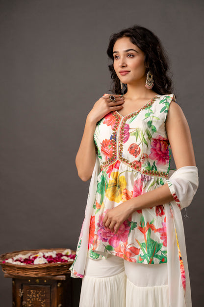 Printed Peplum Kurti with Plain Sharara & Georgette Dupatta
