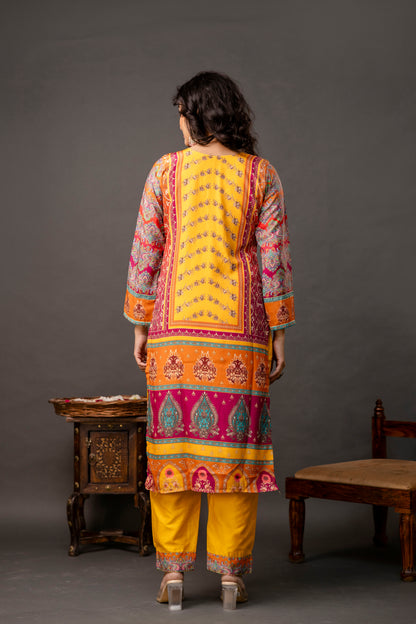 Printed Kurti with Gotta Patti Work, Chinnon Dupatta & Plain Trouser
