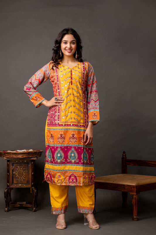Printed Kurti with Gotta Patti Work, Chinnon Dupatta & Plain Trouser