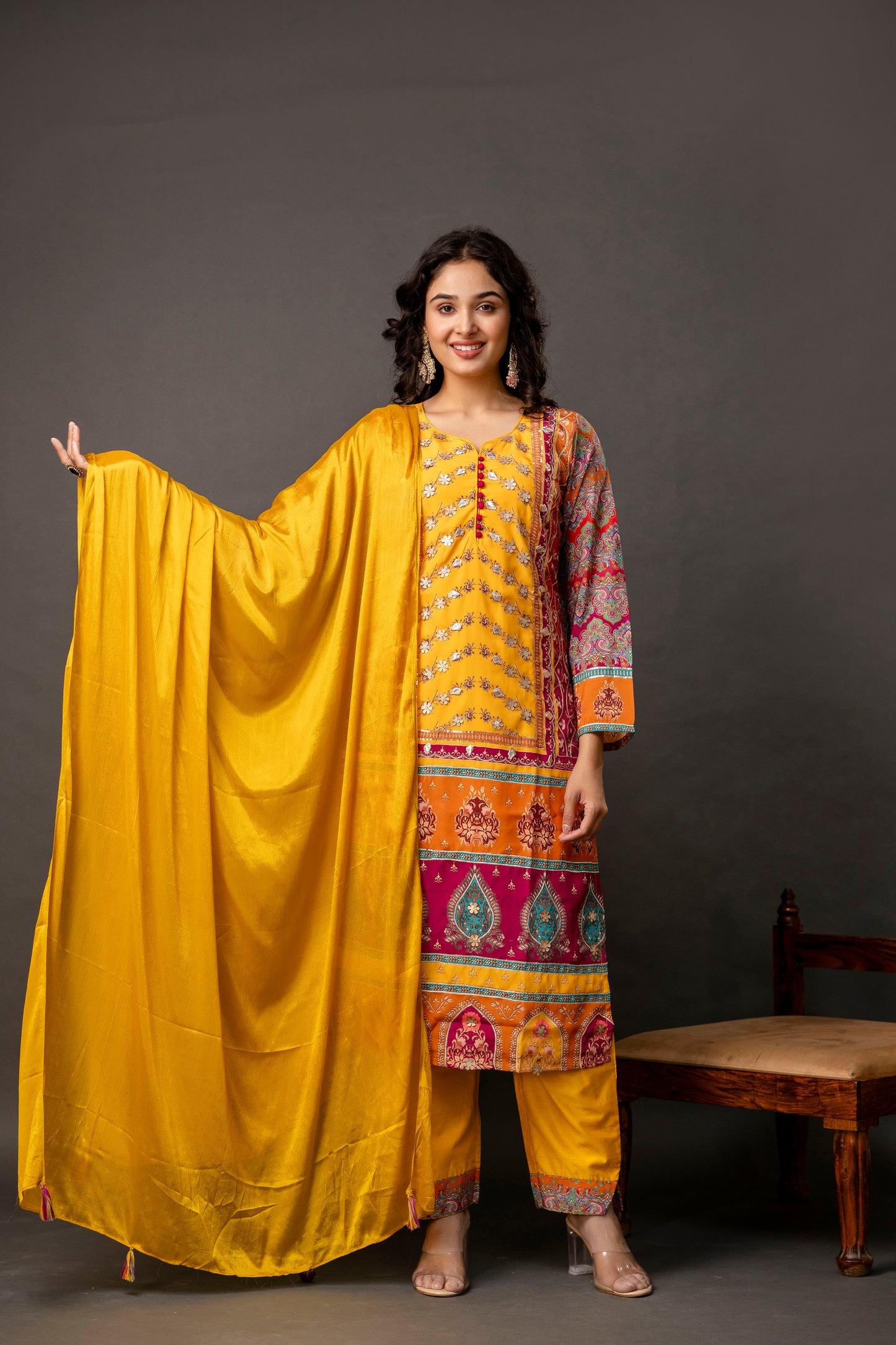 Printed Kurti with Gotta Patti Work, Chinnon Dupatta & Plain Trouser