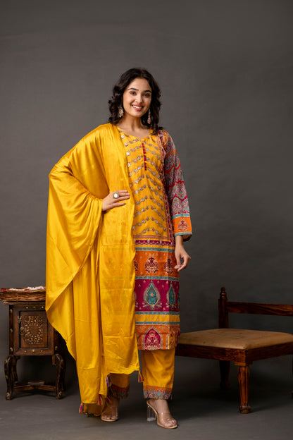 Printed Kurti with Gotta Patti Work, Chinnon Dupatta & Plain Trouser