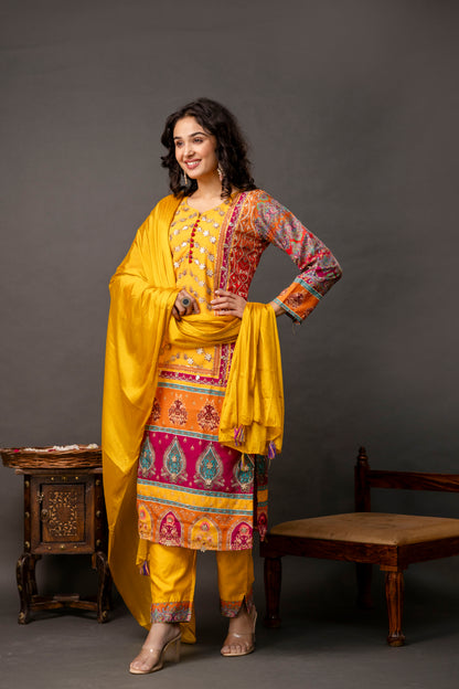 Printed Kurti with Gotta Patti Work, Chinnon Dupatta & Plain Trouser