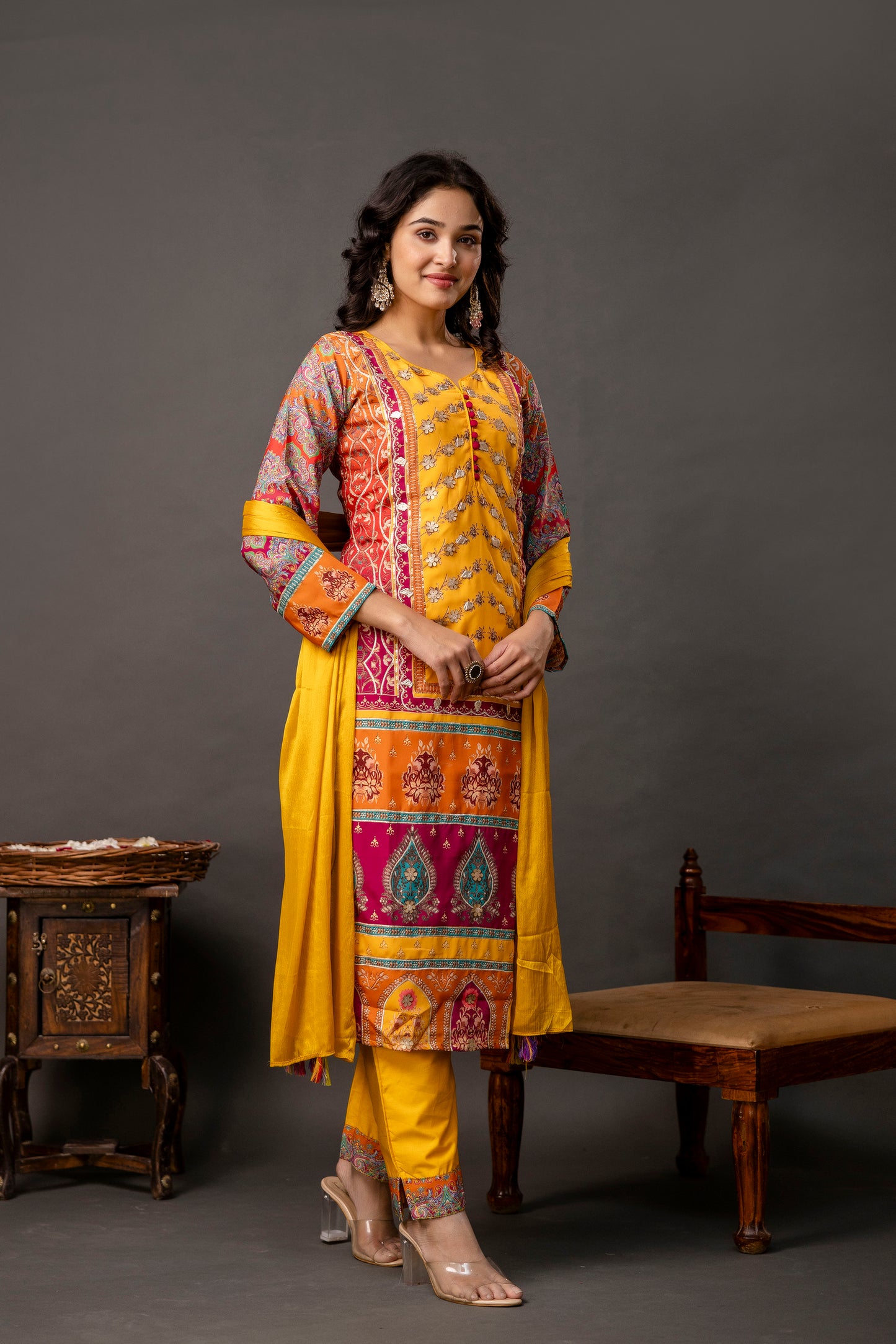 Printed Kurti with Gotta Patti Work, Chinnon Dupatta & Plain Trouser