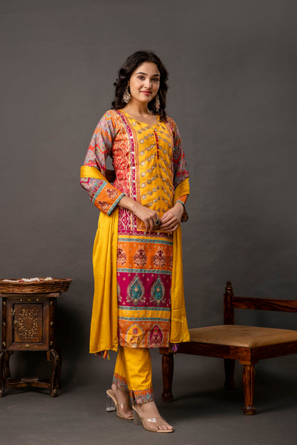Printed Kurti with Gotta Patti Work, Chinnon Dupatta & Plain Trouser