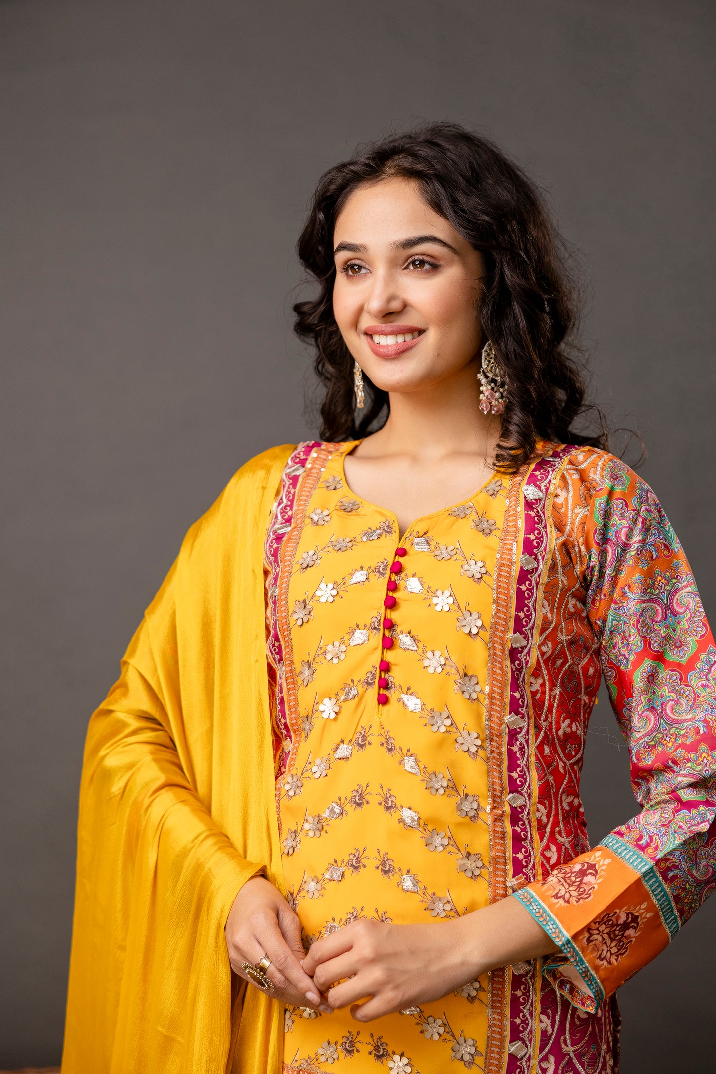 Printed Kurti with Gotta Patti Work, Chinnon Dupatta & Plain Trouser