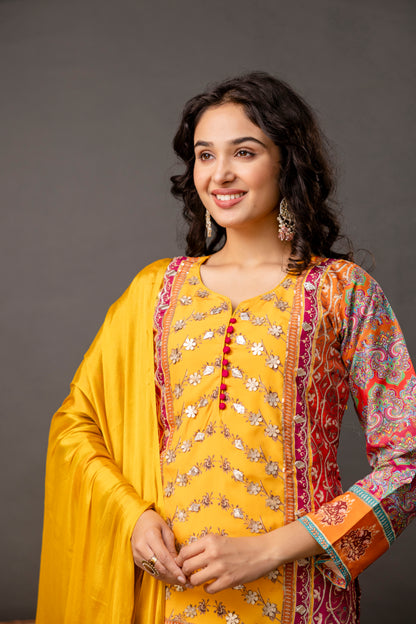 Printed Kurti with Gotta Patti Work, Chinnon Dupatta & Plain Trouser