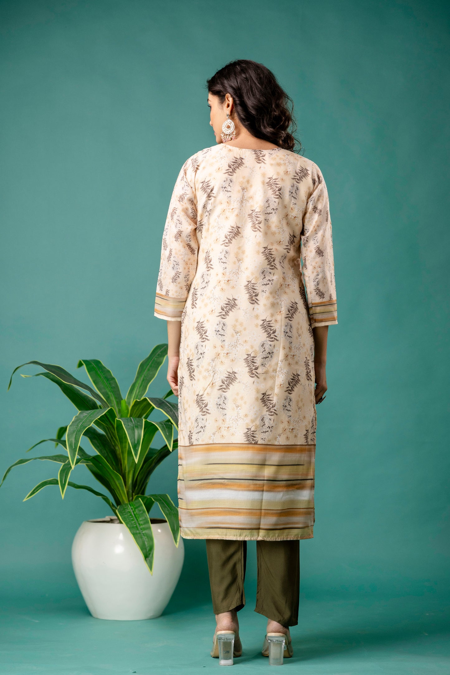 V-Neck Printed Kurti with Chicken Handwork, Silk Worked Dupatta & Plain Pants
