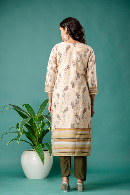 V-Neck Printed Kurti with Chicken Handwork, Silk Worked Dupatta & Plain Pants