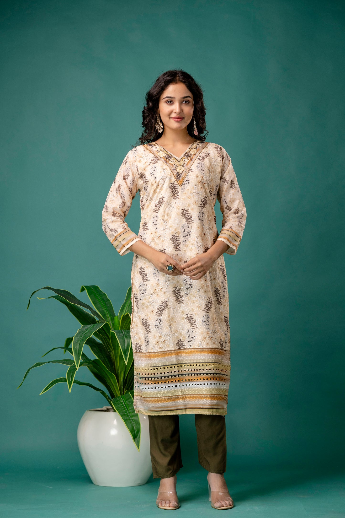 V-Neck Printed Kurti with Chicken Handwork, Silk Worked Dupatta & Plain Pants