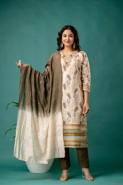 V-Neck Printed Kurti with Chicken Handwork, Silk Worked Dupatta & Plain Pants
