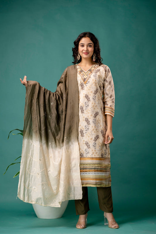 V-Neck Printed Kurti with Chicken Handwork, Silk Worked Dupatta & Plain Pants