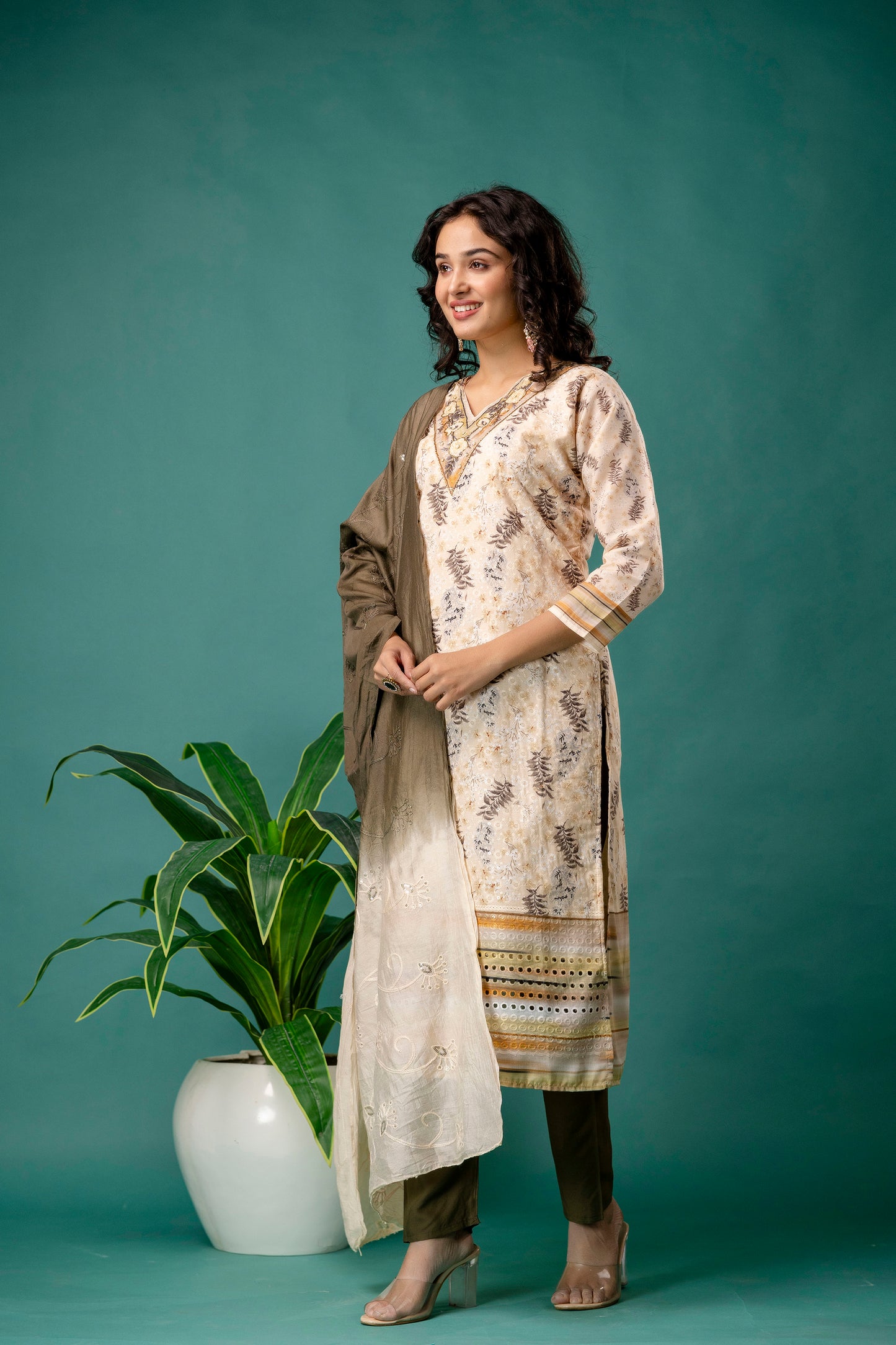 V-Neck Printed Kurti with Chicken Handwork, Silk Worked Dupatta & Plain Pants