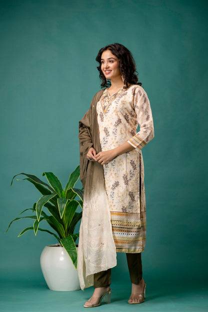 V-Neck Printed Kurti with Chicken Handwork, Silk Worked Dupatta & Plain Pants