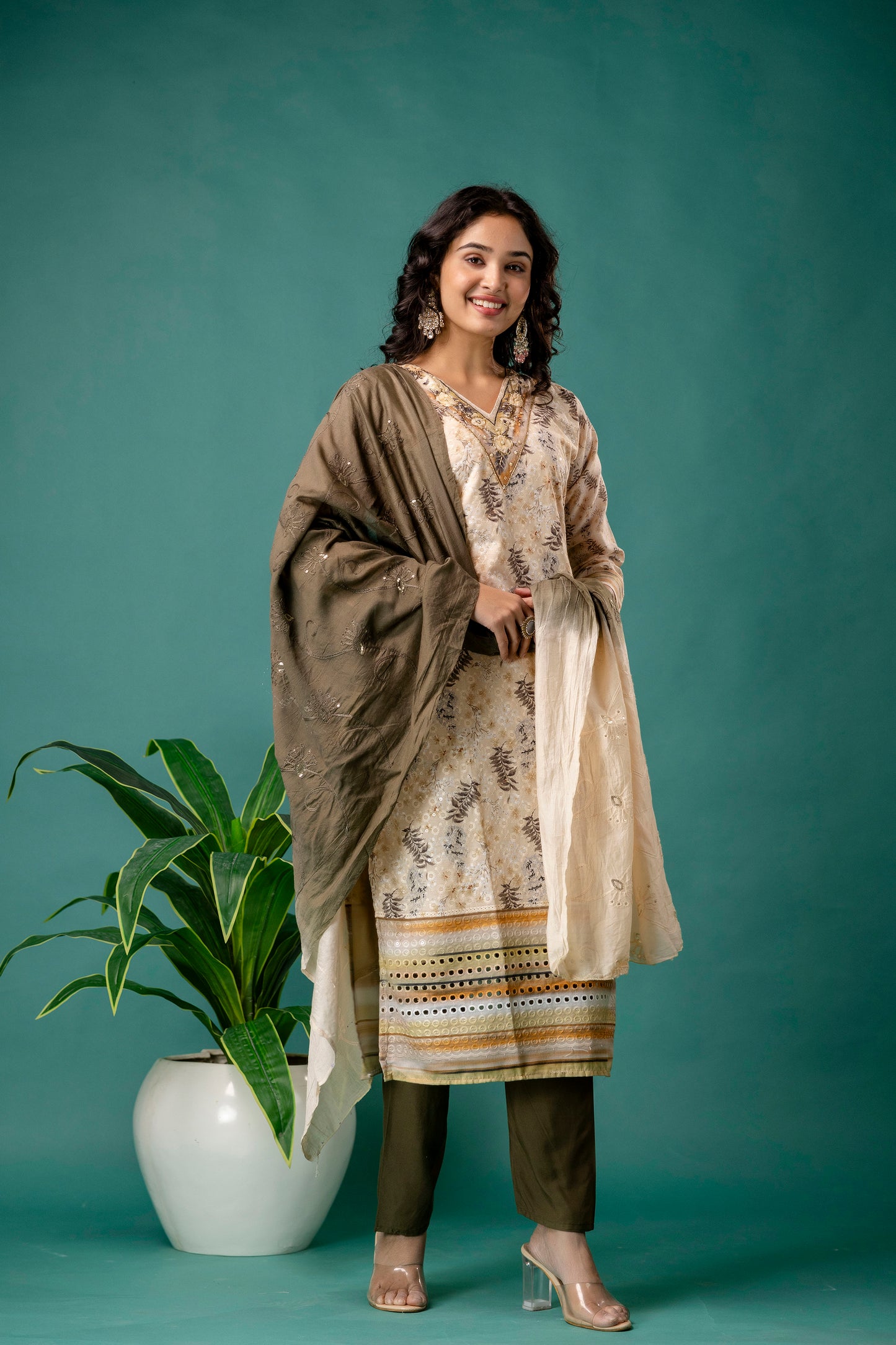 V-Neck Printed Kurti with Chicken Handwork, Silk Worked Dupatta & Plain Pants