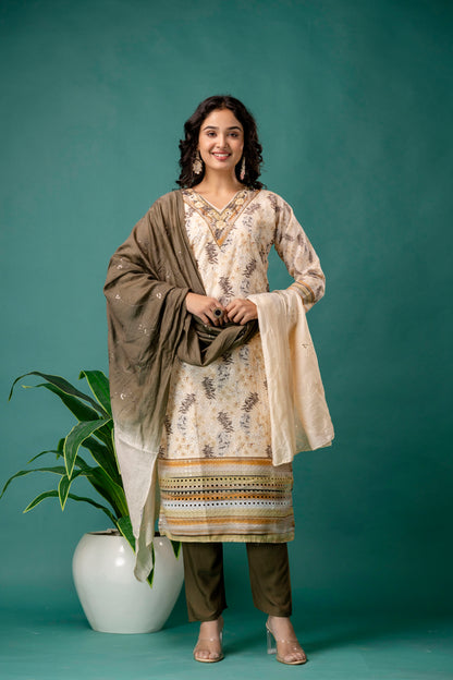 V-Neck Printed Kurti with Chicken Handwork, Silk Worked Dupatta & Plain Pants