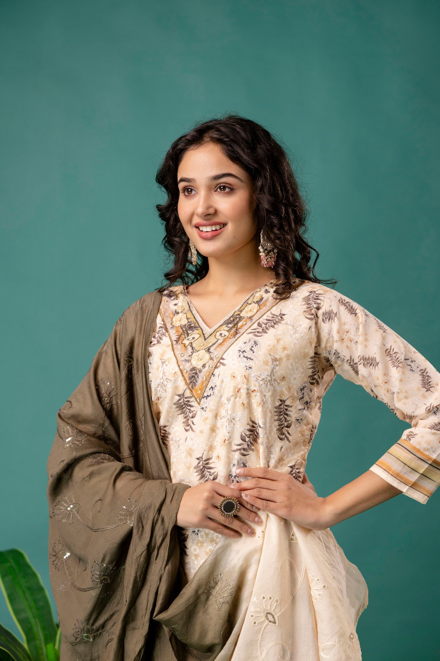 V-Neck Printed Kurti with Chicken Handwork, Silk Worked Dupatta & Plain Pants