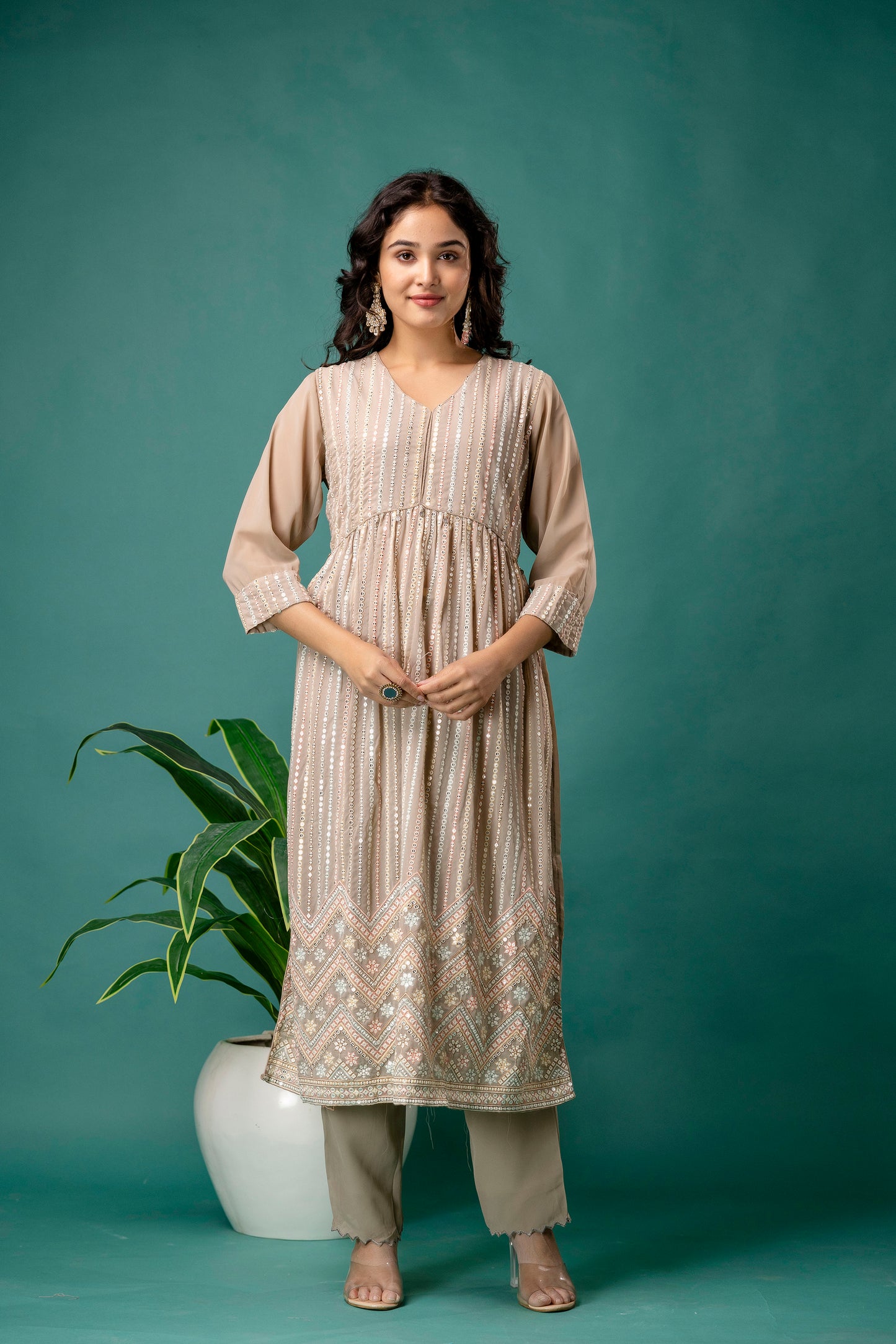 Resham & Sequence Embroidered Kurti with Plain Dupatta & Trousers