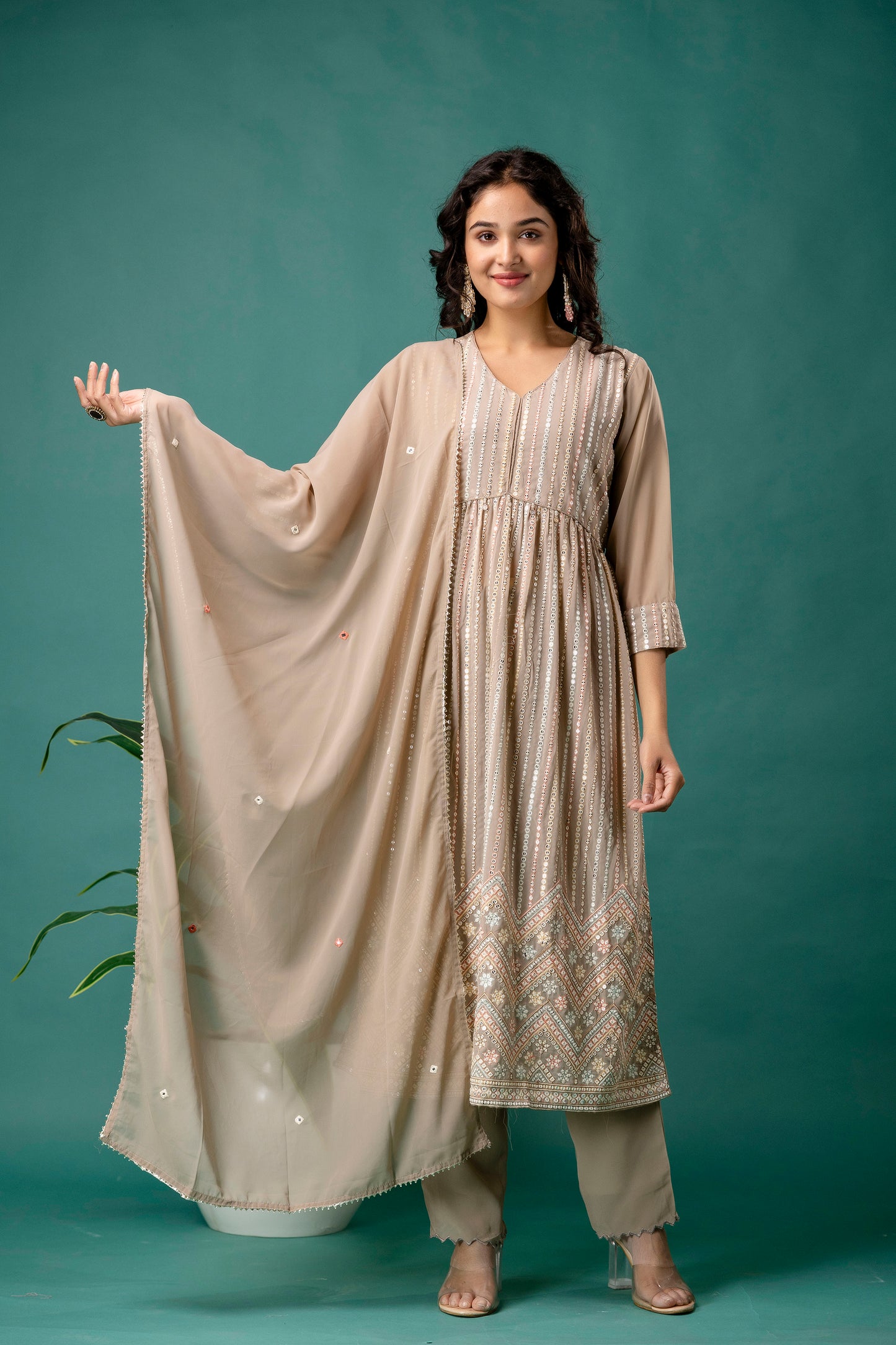 Resham & Sequence Embroidered Kurti with Plain Dupatta & Trousers