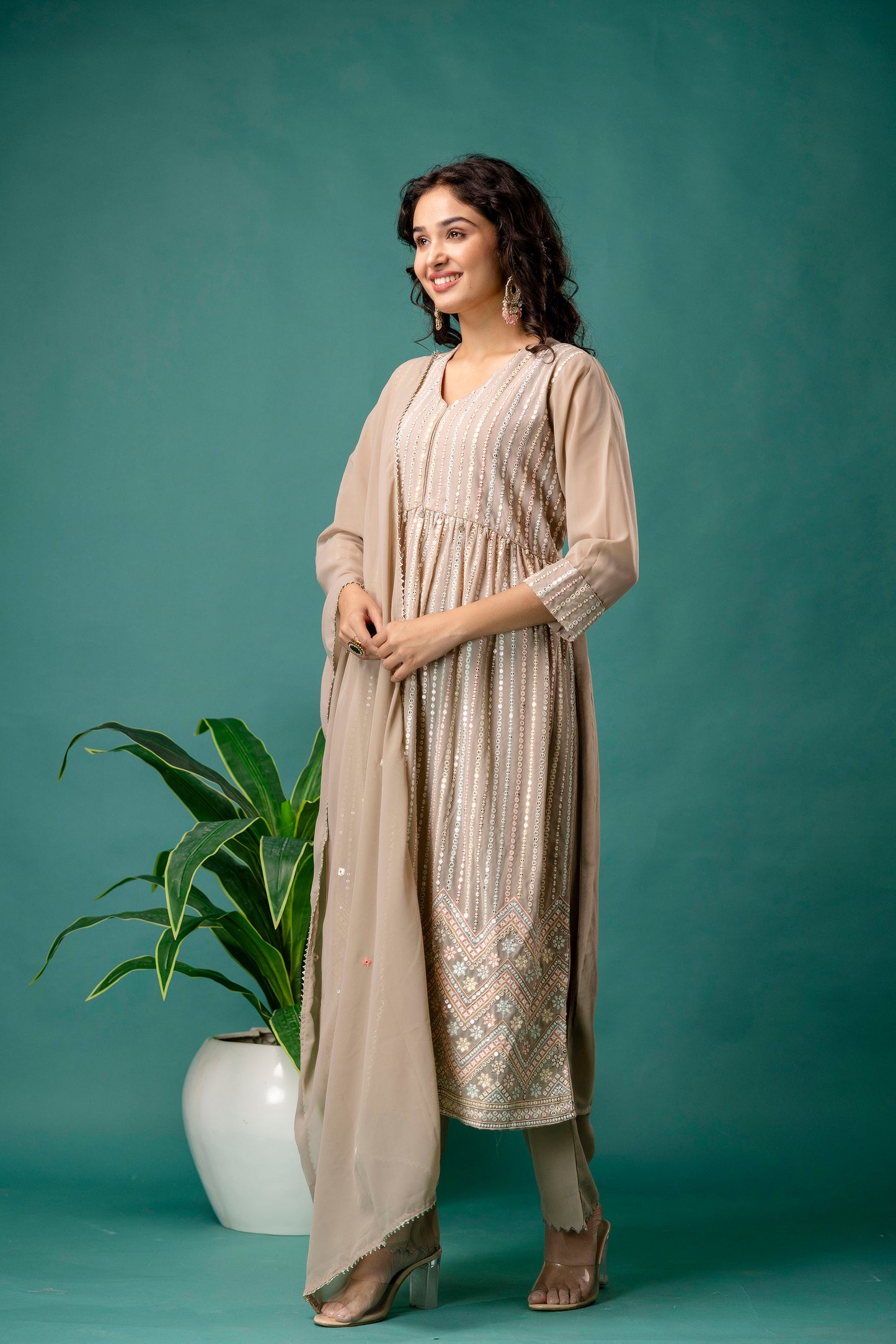 Resham & Sequence Embroidered Kurti with Plain Dupatta & Trousers
