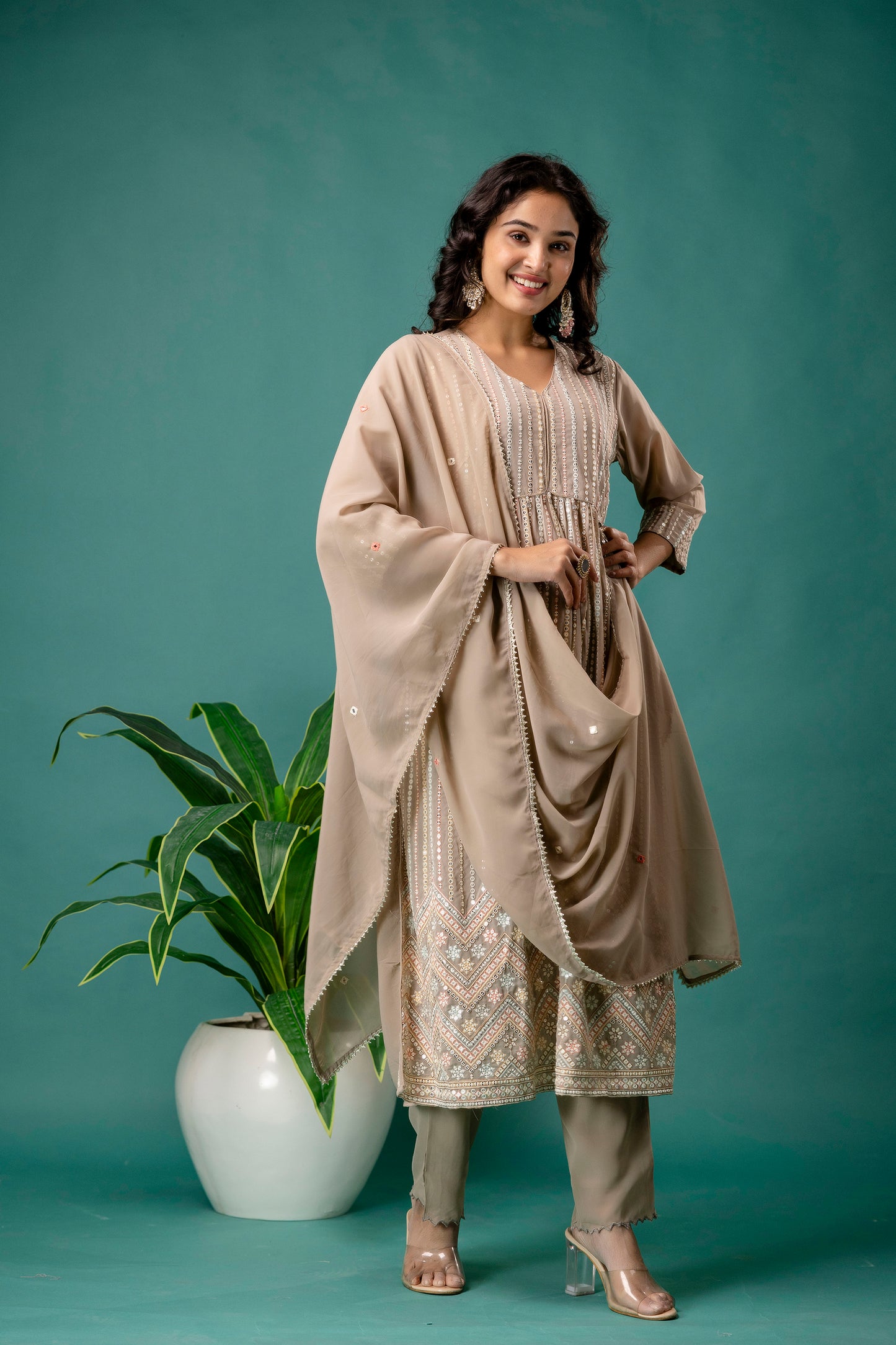 Resham & Sequence Embroidered Kurti with Plain Dupatta & Trousers