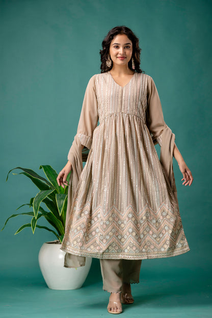 Resham & Sequence Embroidered Kurti with Plain Dupatta & Trousers