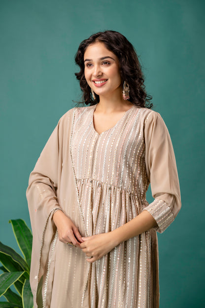 Resham & Sequence Embroidered Kurti with Plain Dupatta & Trousers