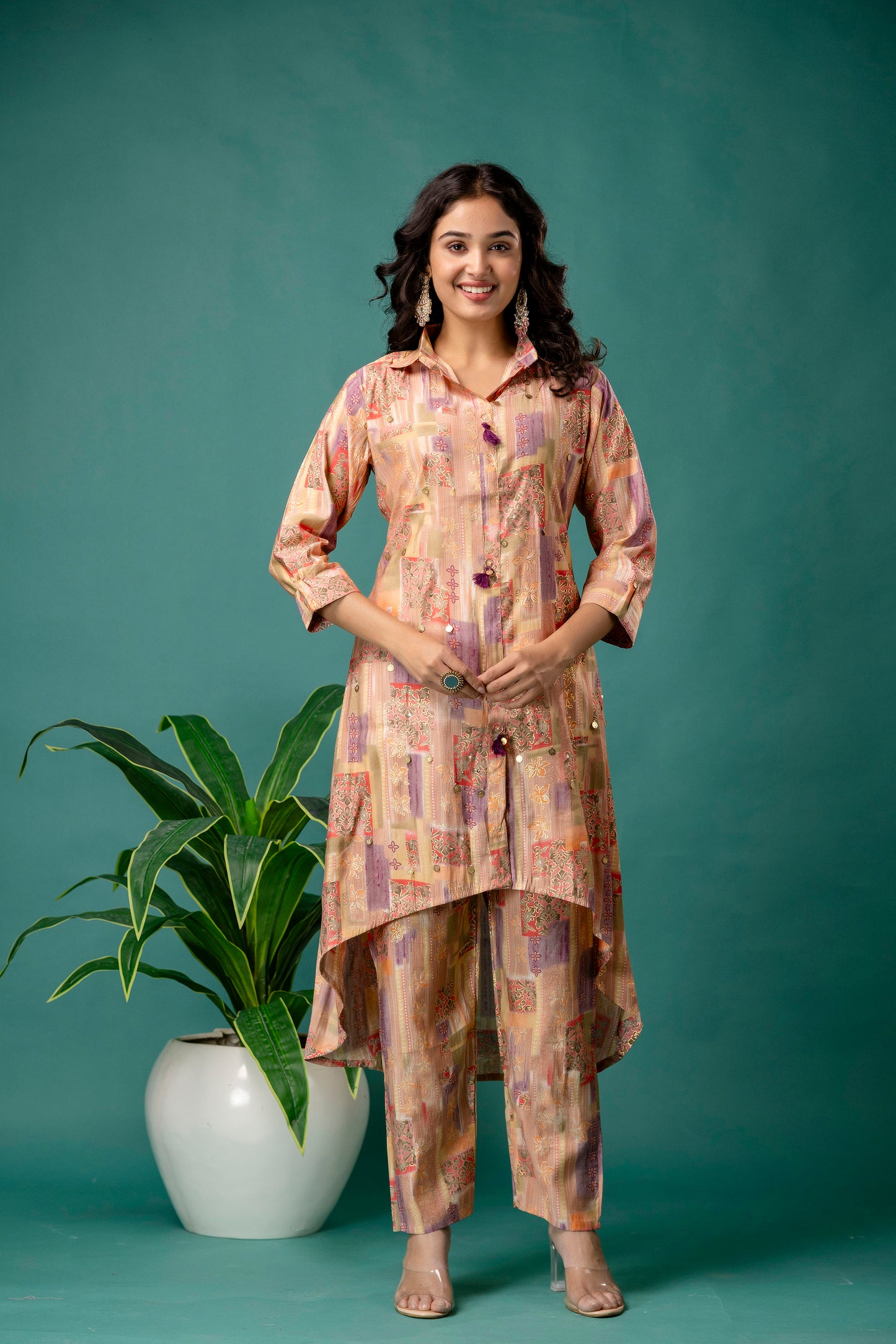 Printed Collar Kurti with Tail Cut & Printed Trousers