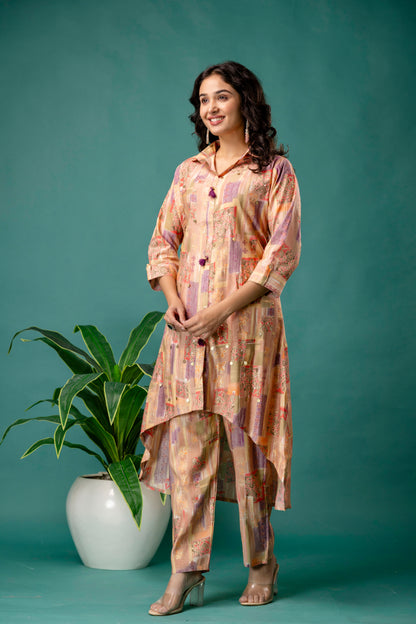 Printed Collar Kurti with Tail Cut & Printed Trousers