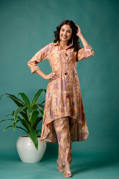 Printed Collar Kurti with Tail Cut & Printed Trousers