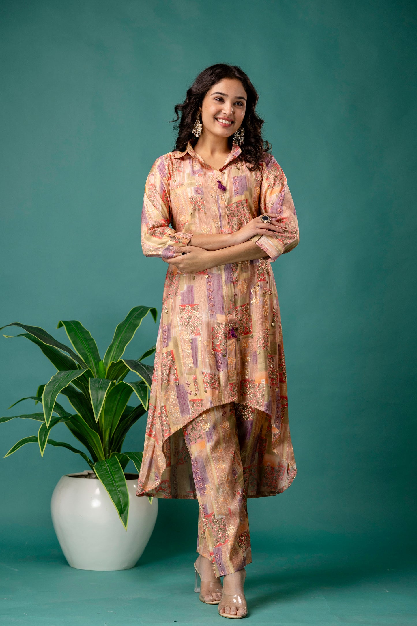Printed Collar Kurti with Tail Cut & Printed Trousers