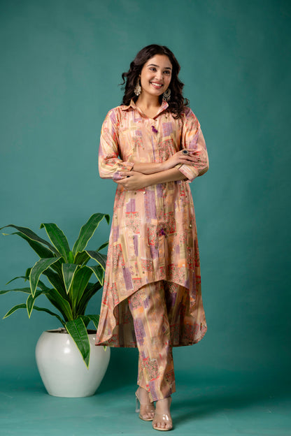 Printed Collar Kurti with Tail Cut & Printed Trousers