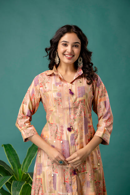 Printed Collar Kurti with Tail Cut & Printed Trousers