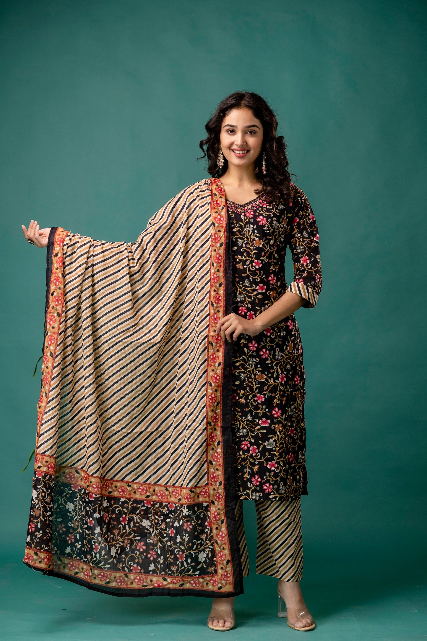 Printed Resham Work V-Neck Kurti with Printed Dupatta & Pants