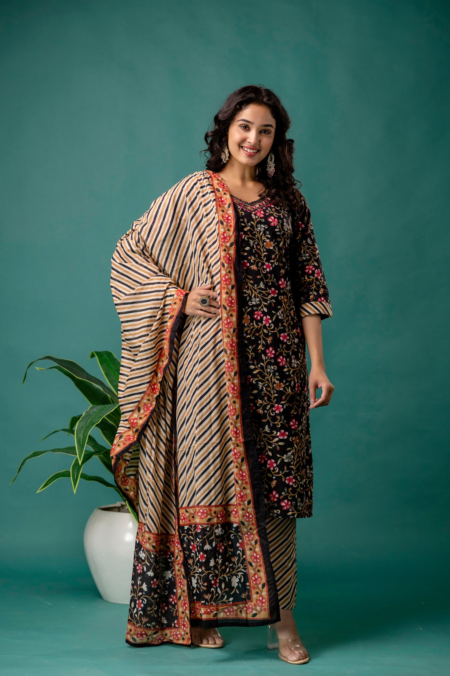 Printed Resham Work V-Neck Kurti with Printed Dupatta & Pants