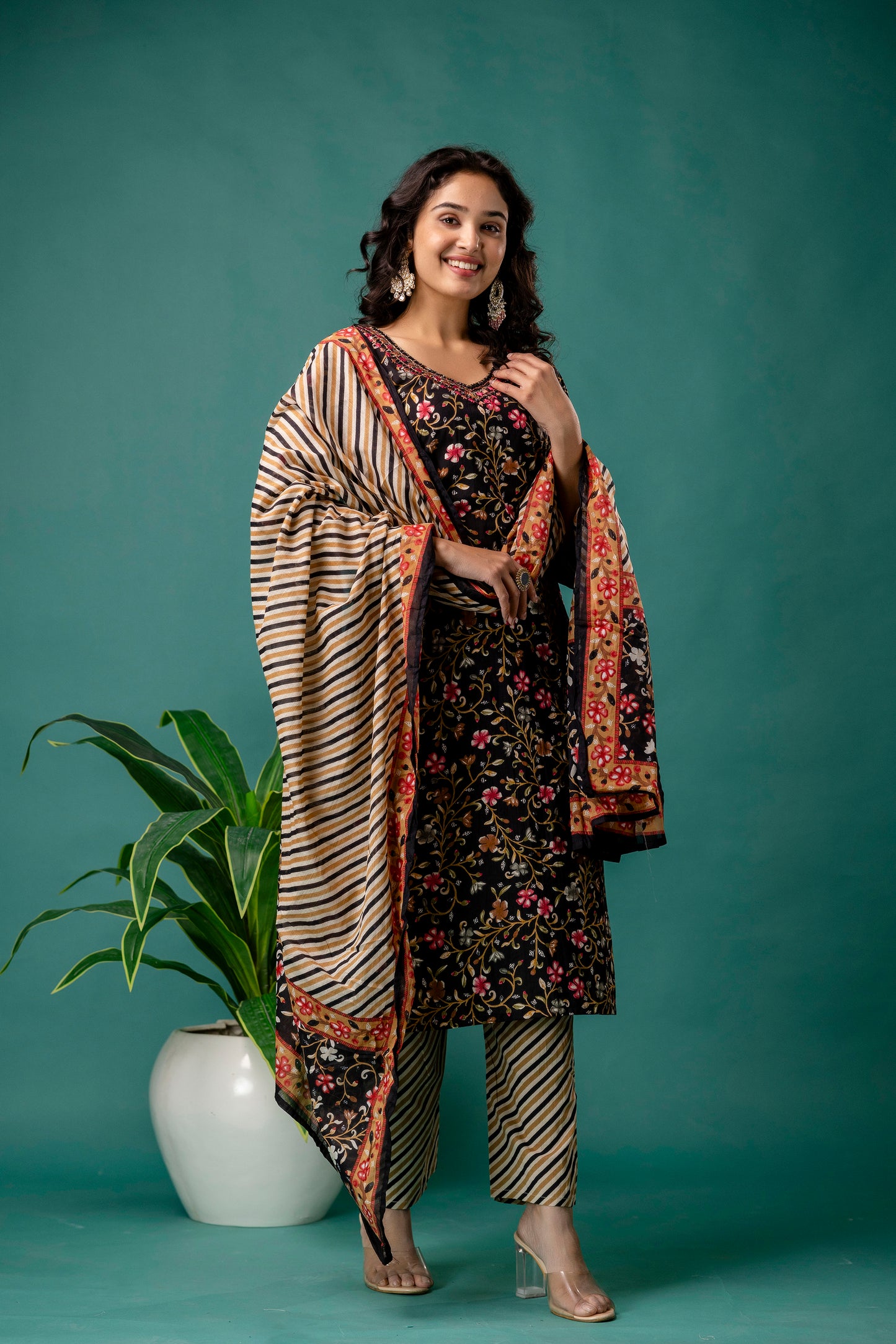 Printed Resham Work V-Neck Kurti with Printed Dupatta & Pants