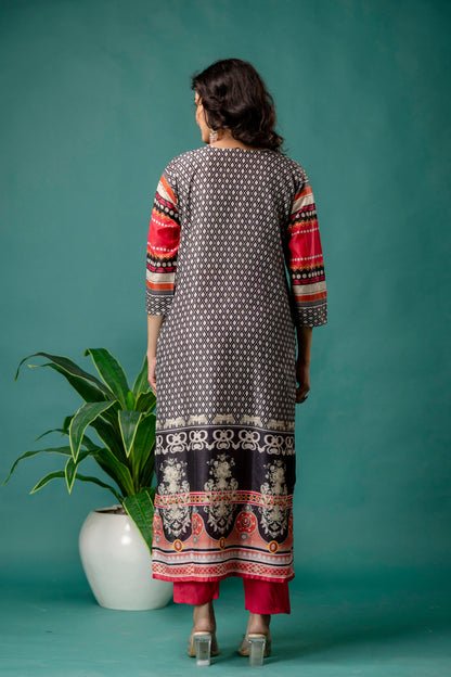 Printed Kurti with Mirror Work, Round Neck, Printed Dupatta & Plain Pants