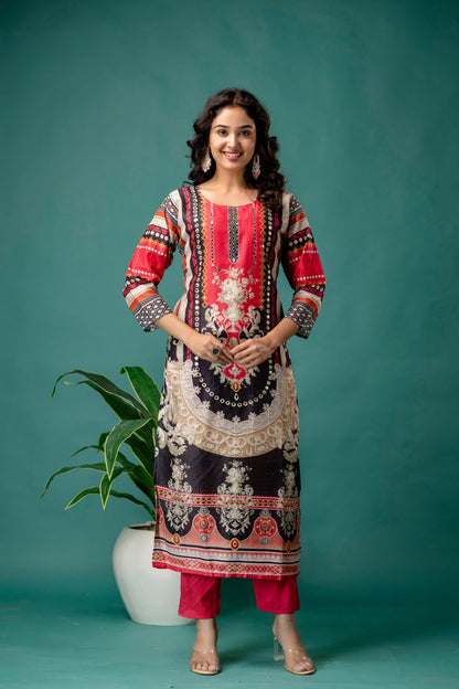 Printed Kurti with Mirror Work, Round Neck, Printed Dupatta & Plain Pants