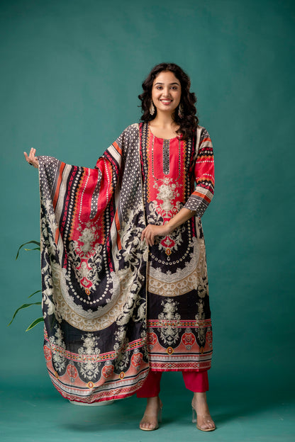 Printed Kurti with Mirror Work, Round Neck, Printed Dupatta & Plain Pants