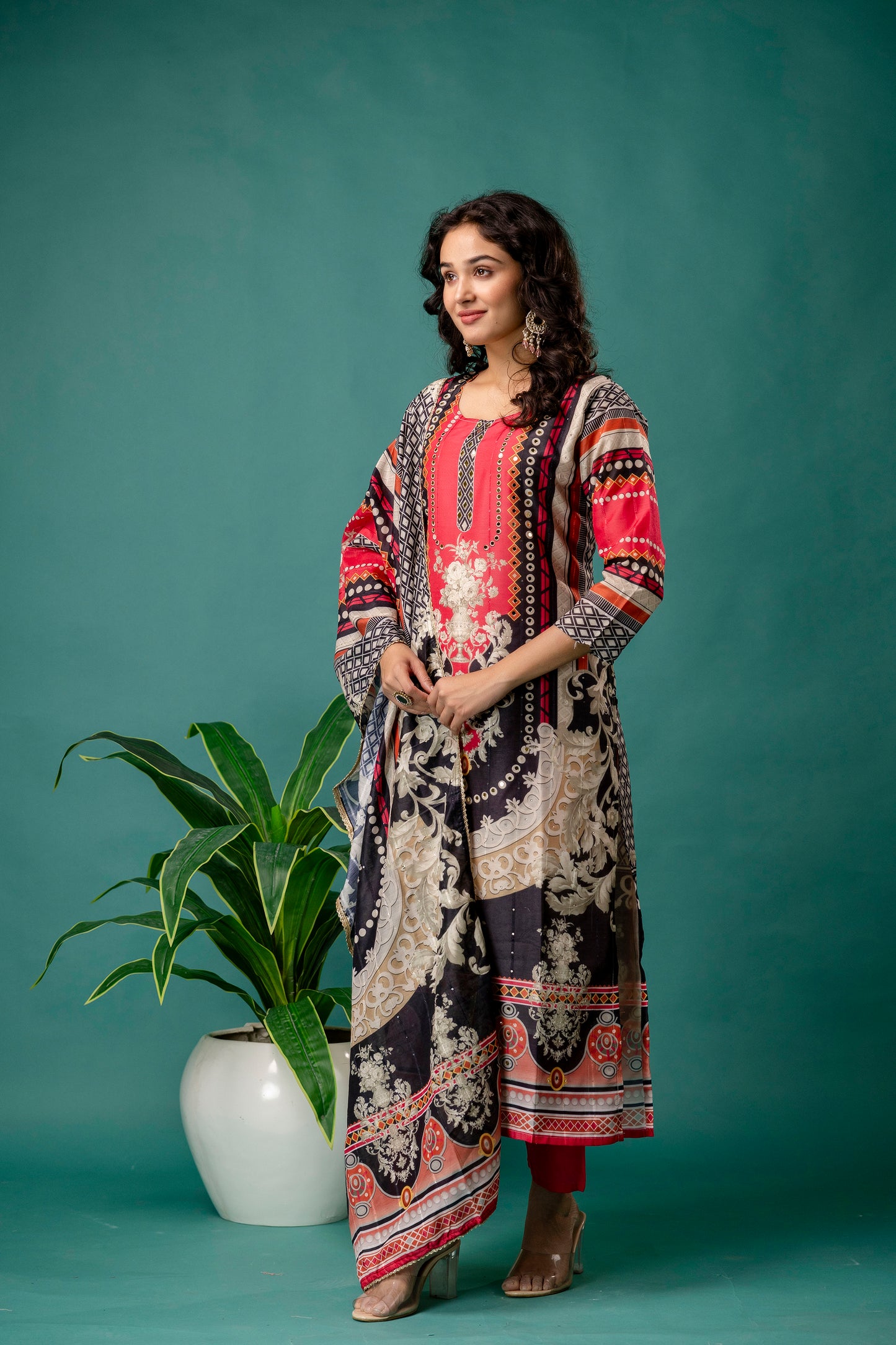 Printed Kurti with Mirror Work, Round Neck, Printed Dupatta & Plain Pants