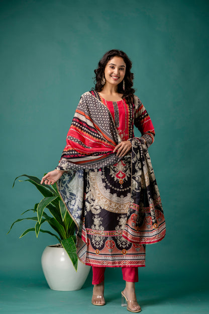 Printed Kurti with Mirror Work, Round Neck, Printed Dupatta & Plain Pants
